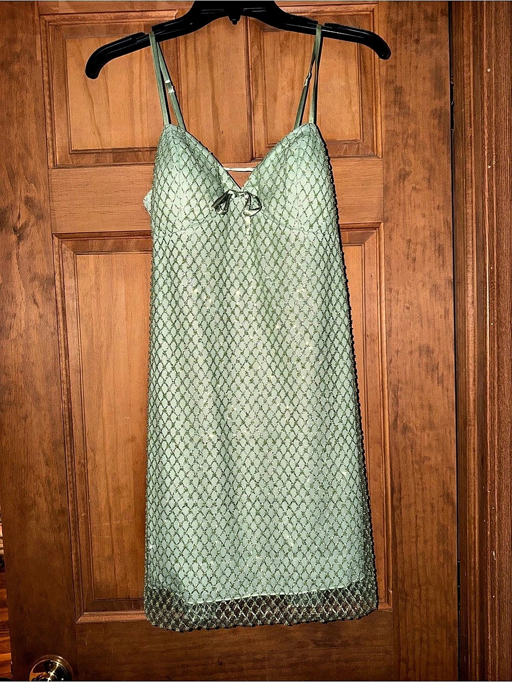 Francesca's Sage Green Beaded Glitter Lattice Mini Dress - Size S